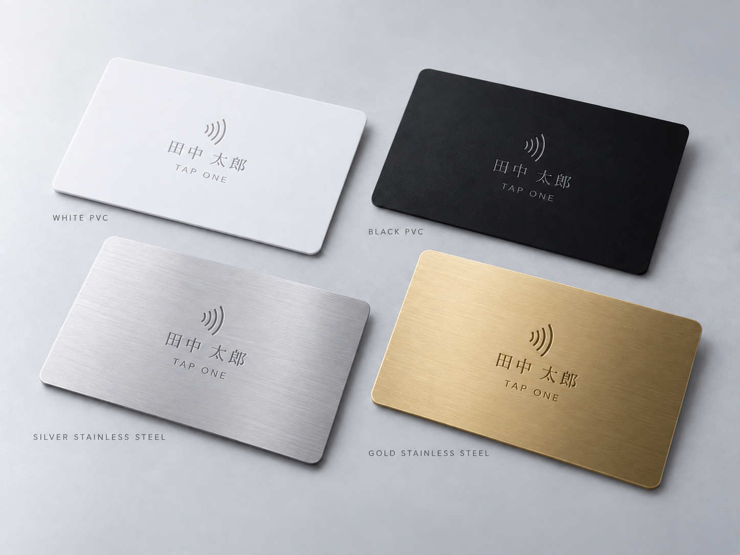 WHITE PVC / BLACK PVC / SILVER STAINLESS STEEL / GOLD STAINLESS STEEL の4素材